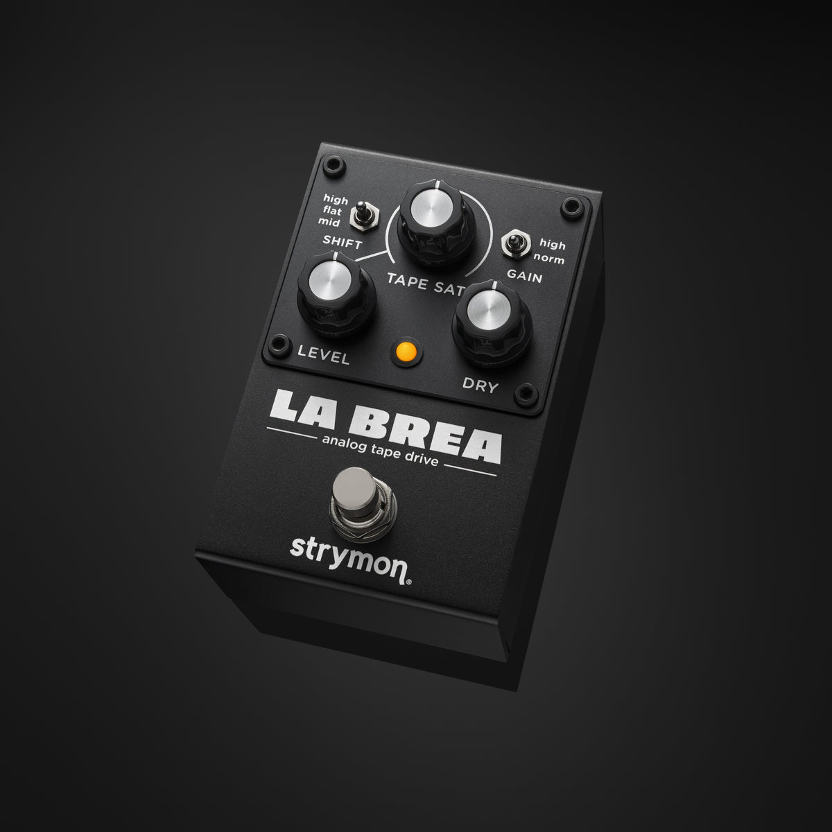 Angled view of Strymon La Brea Analog Tape Drive Pedal on black background
