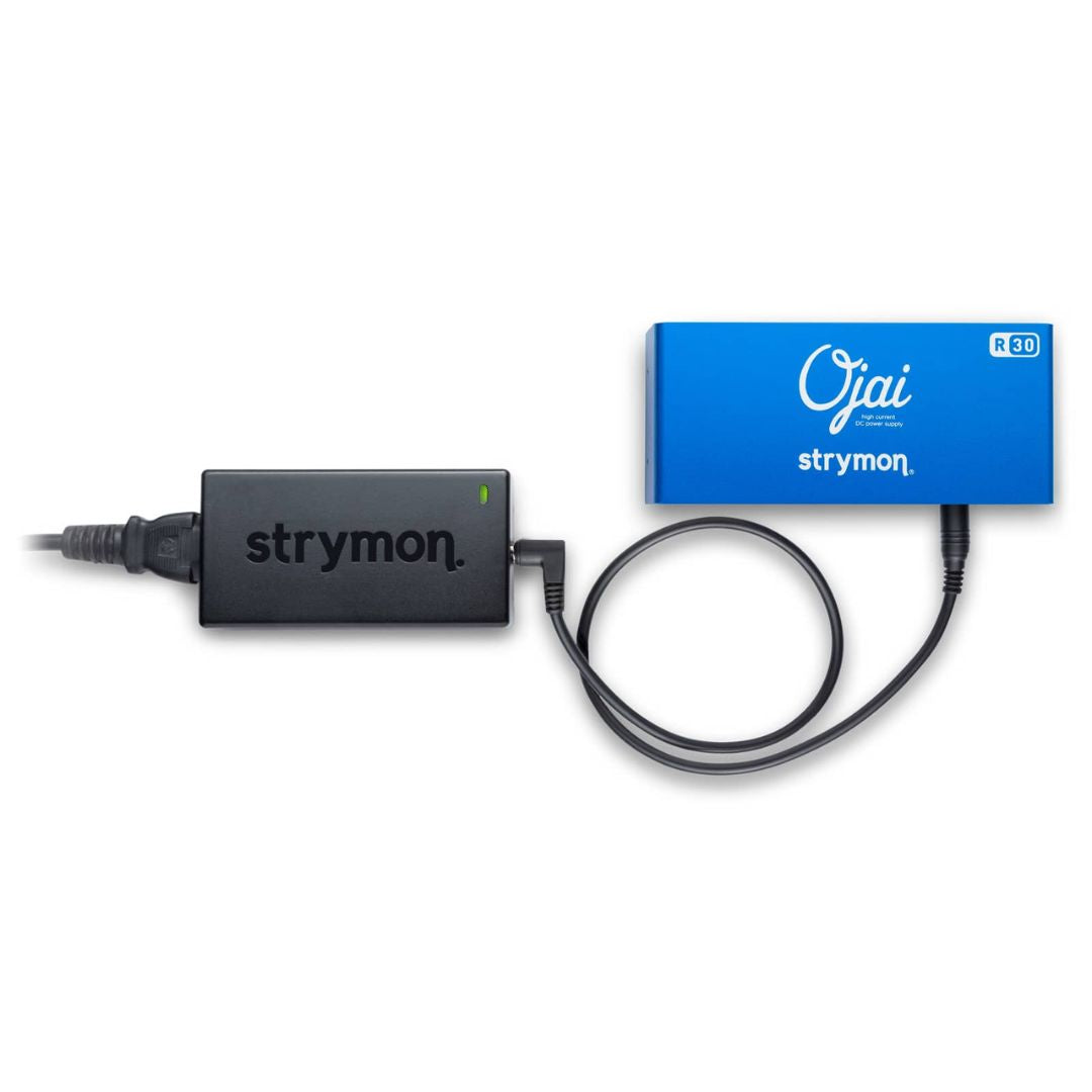Top view of Strymon Ojai R30 with power brick on white background