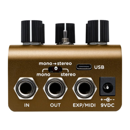Top jacks view of Strymon Olivera Vintage Oil Can Echo Pedal on white background