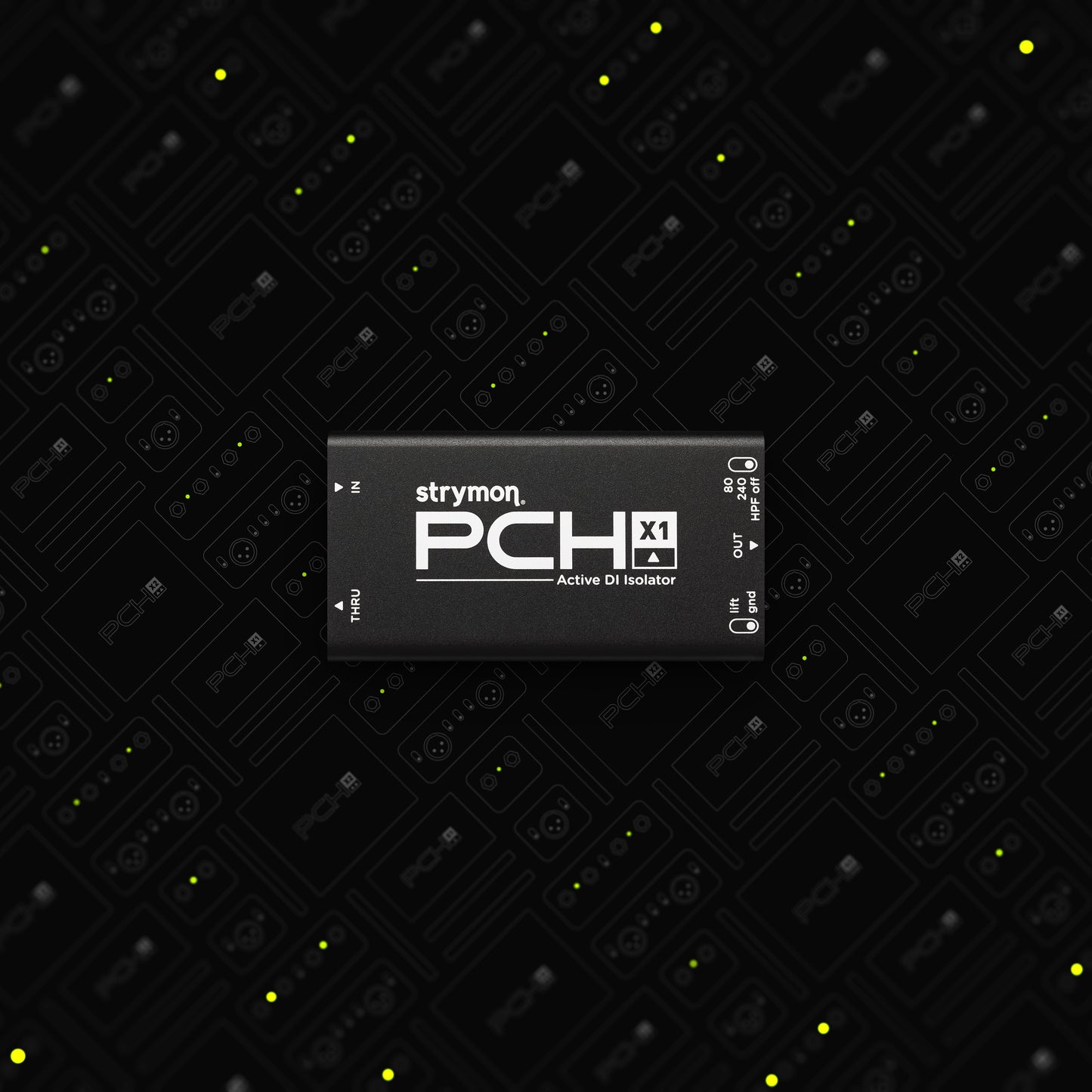 Front view of Strymon PCH X1 Active DI Isolator on PCH X1 and X2 collage background