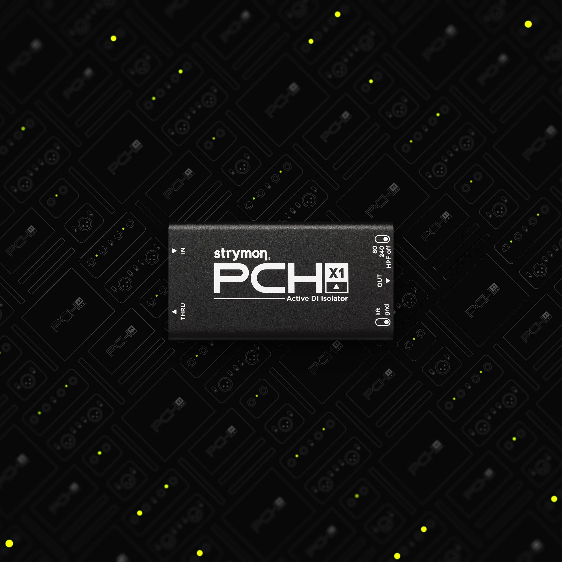 Front view of Strymon PCH X1 Active DI Isolator on PCH X1 and X2 collage background