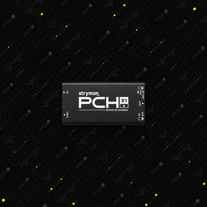 Front view of Strymon PCH X1 Active DI Isolator on PCH X1 and X2 collage background