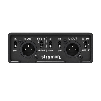 XLR ports and switches view of Strymon PCH X2 Stereo Active DI Isolator on white background