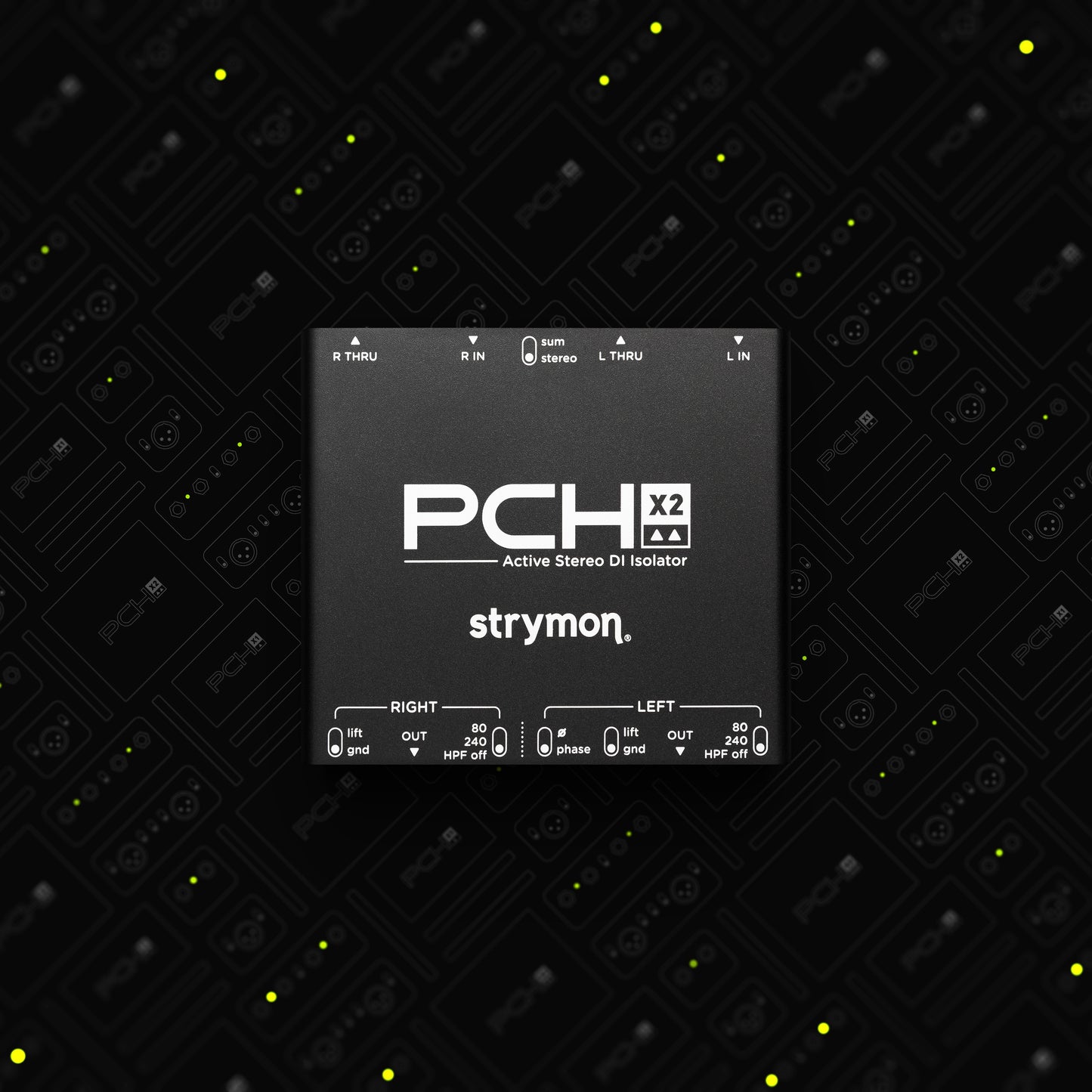 Front view of Strymon PCH X2 Stereo Active DI Isolator on Strymon PCH X1 and X2 collage background