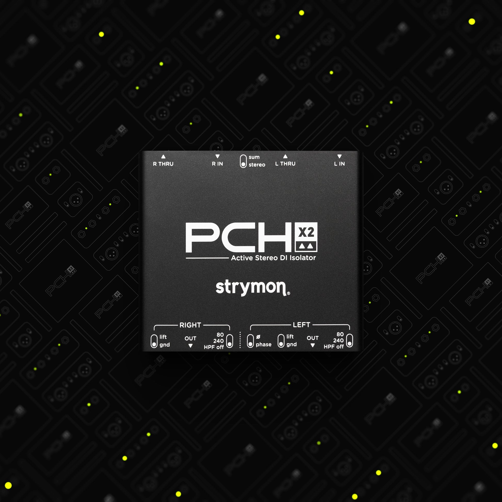 Front view of Strymon PCH X2 Stereo Active DI Isolator on Strymon PCH X1 and X2 collage background