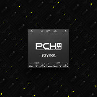 Front view of Strymon PCH X2 Stereo Active DI Isolator on Strymon PCH X1 and X2 collage background