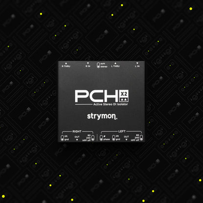 Front view of Strymon PCH X2 Stereo Active DI Isolator on Strymon PCH X1 and X2 collage background