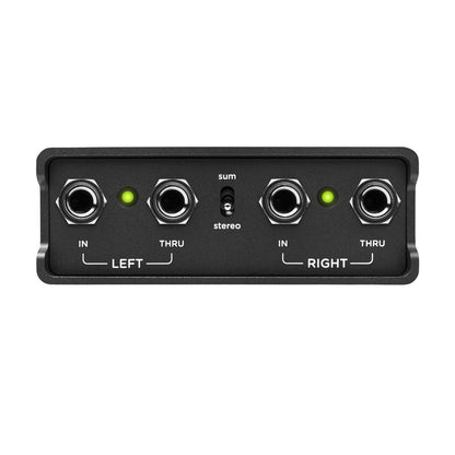 Quarter inch ports and switch view of Strymon PCH X2 Stereo Active DI Isolator on white background