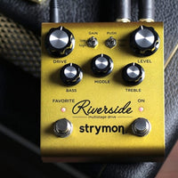 Front view of Strymon Riverside on top of an amplifier