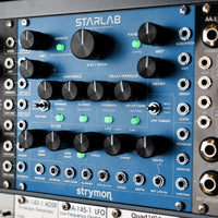 Front view of Strymon StarLab mounted on rack
