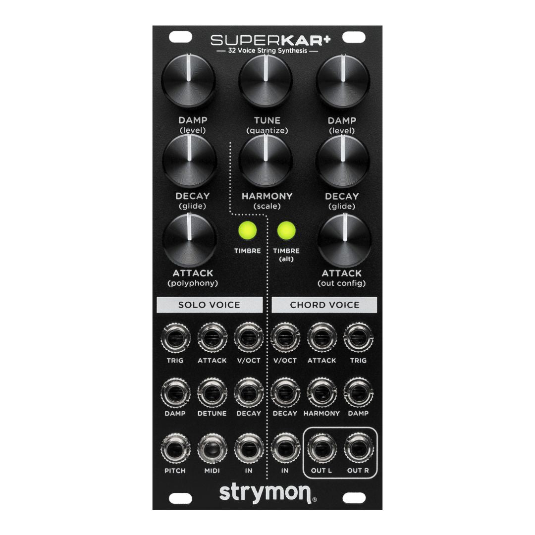 Front view of Strymon SuperKar+ 32 Voice String Synthesis Eurorack Module on white background