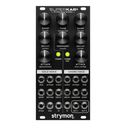 Front view of Strymon SuperKar+ 32 Voice String Synthesis Eurorack Module on white background