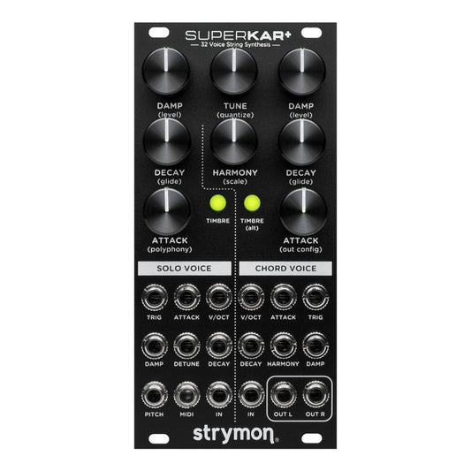 Front view of Strymon SuperKar+ 32 Voice String Synthesis Eurorack Module on white background