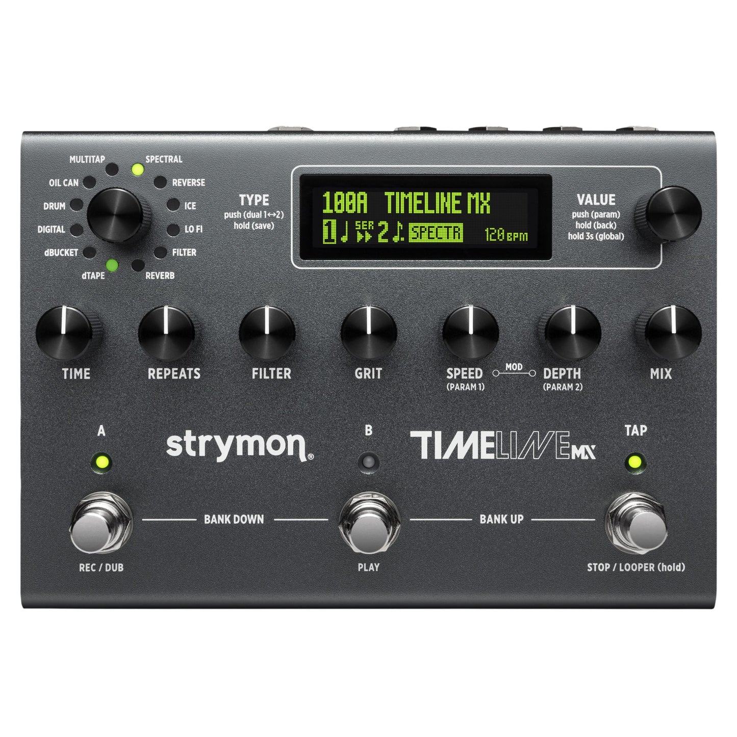 Front view of Strymon TimeLine MX Pedal on white background