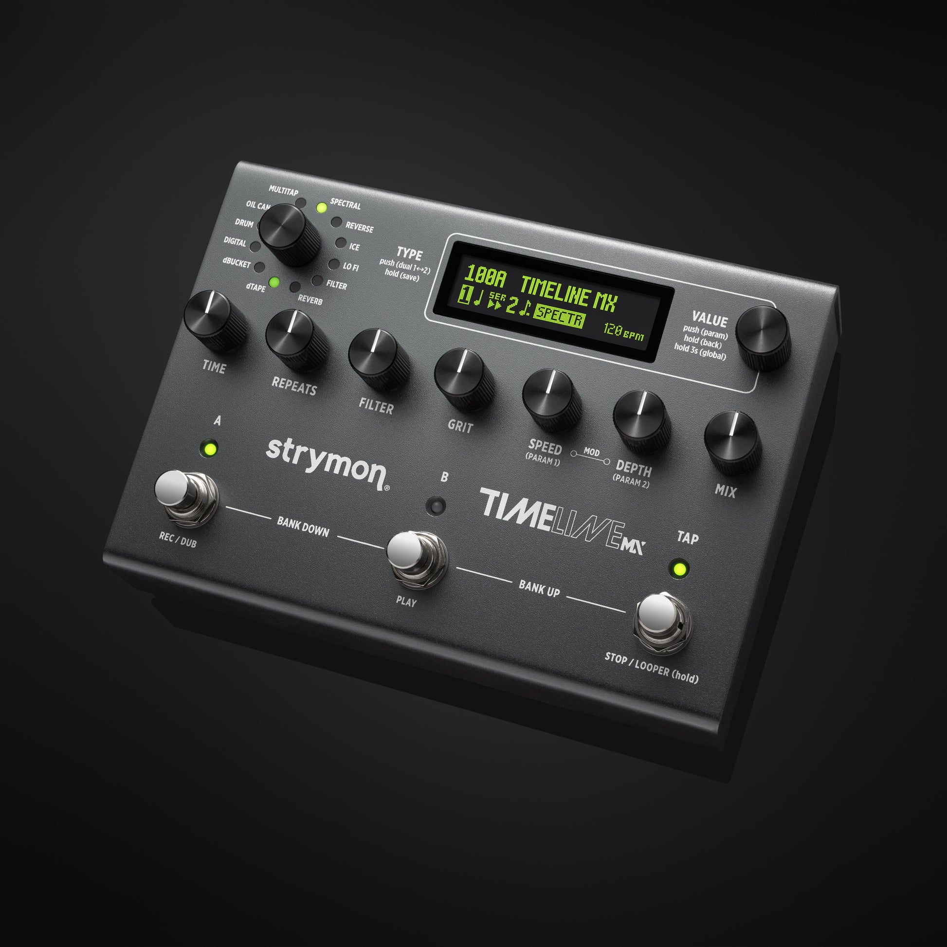 Angled front view of Strymon TimeLine MX Pedal on dark grey background