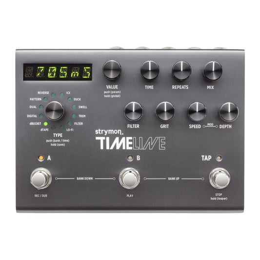 Top view of Strymon TimeLine Multi Delay Pedal on white background