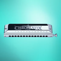 Front view of Suzuki SCX-56 Chromatic 14 Hole Harmonica on blue background