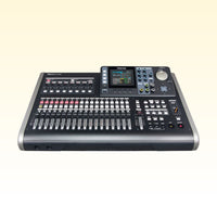 Large audio mixing console on a white background