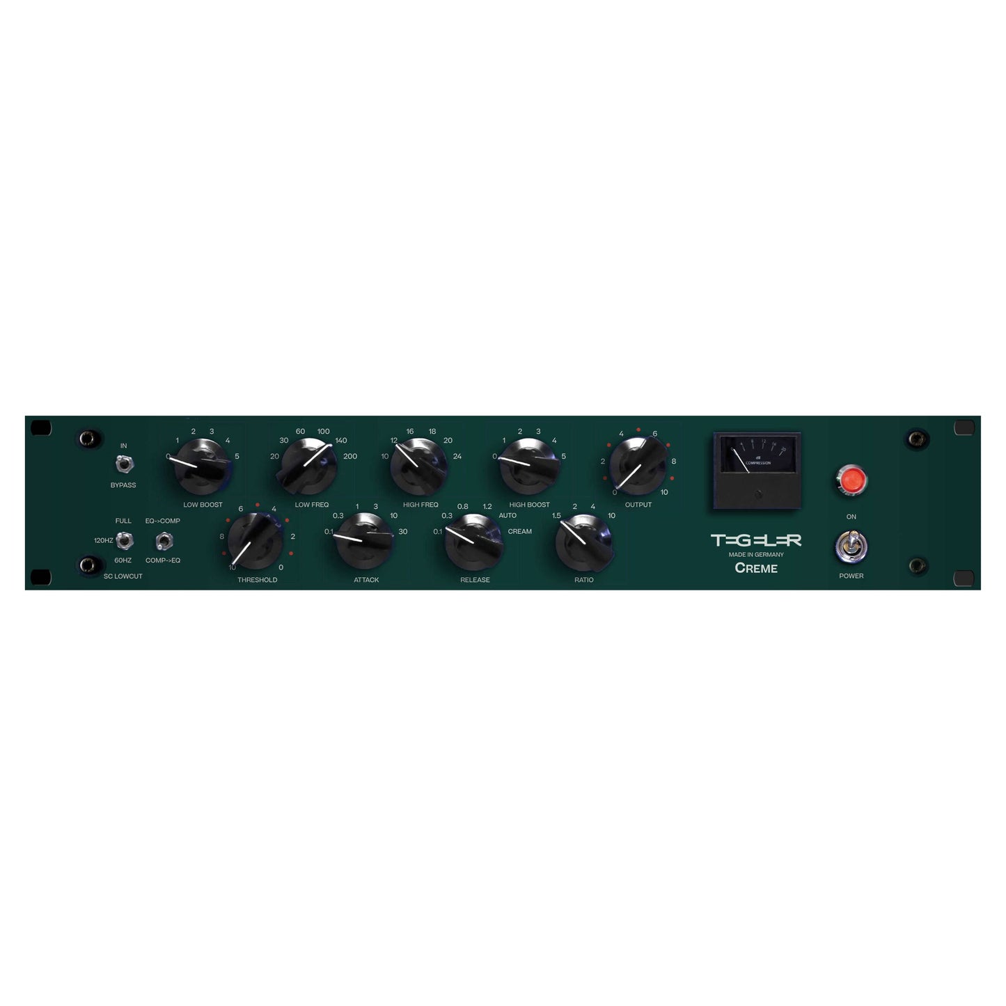 Front view of Tegeler Creme Bus Compressor and Mastering Equalizer on white background