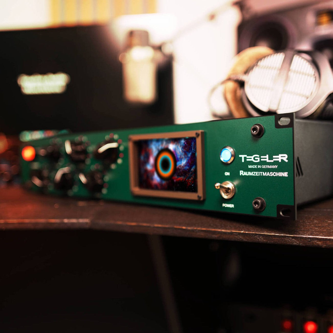 Angled close up view of Tegeler Raumzeitmaschine Tube Reverb on desk in studio