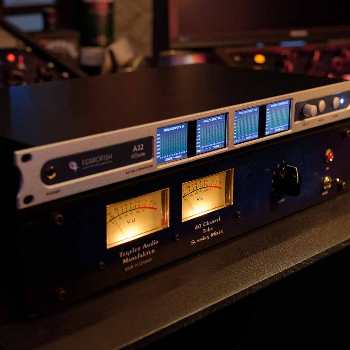 Angled front view of Tegeler Tube Summing Mixer on with another rack effect on top of it in studio