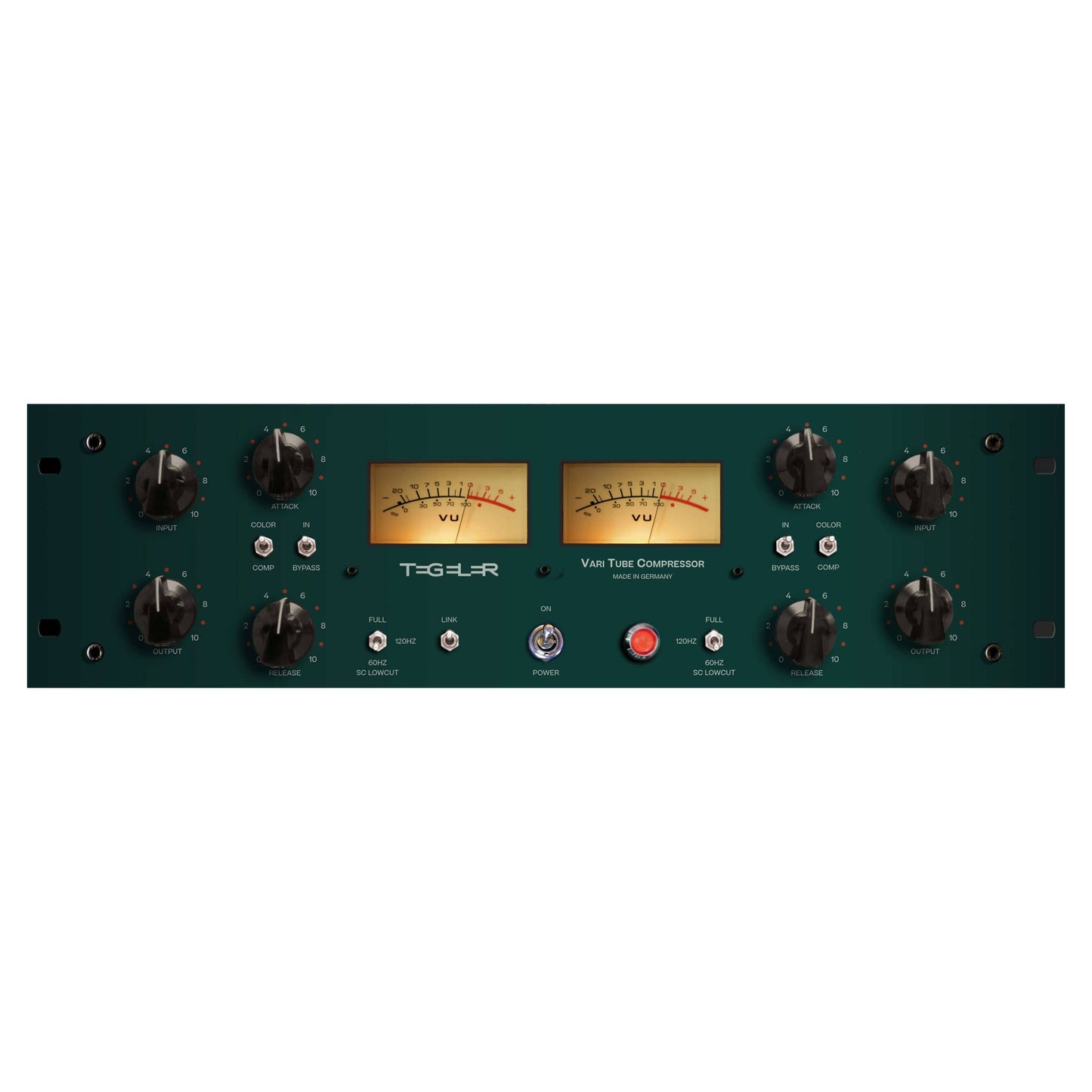 Front view of Tegeler Vari Tube Compressor Vari-Mu Mastering and Bus Compressor on white background