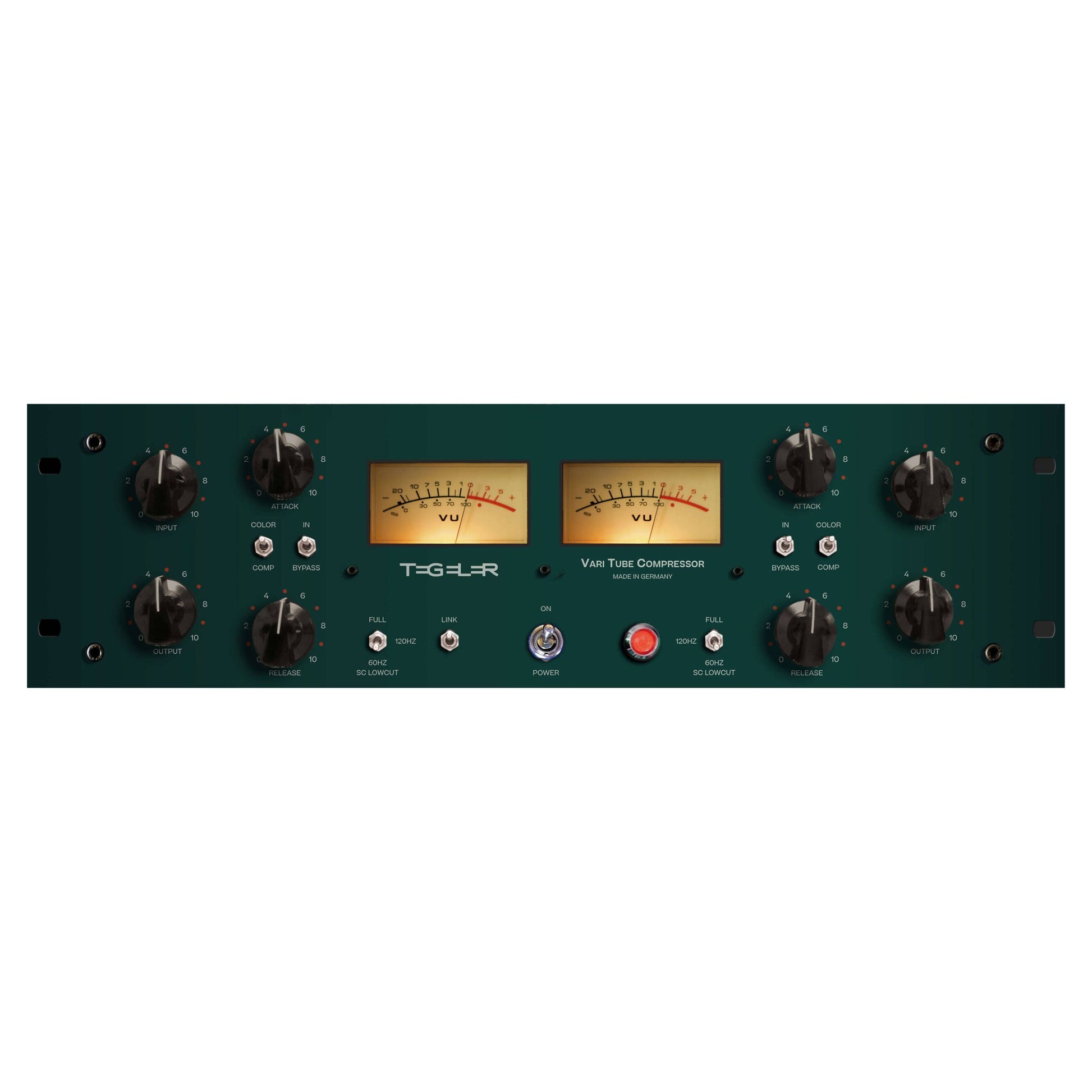 Front view of Tegeler Vari Tube Compressor Vari-Mu Mastering and Bus Compressor on white background
