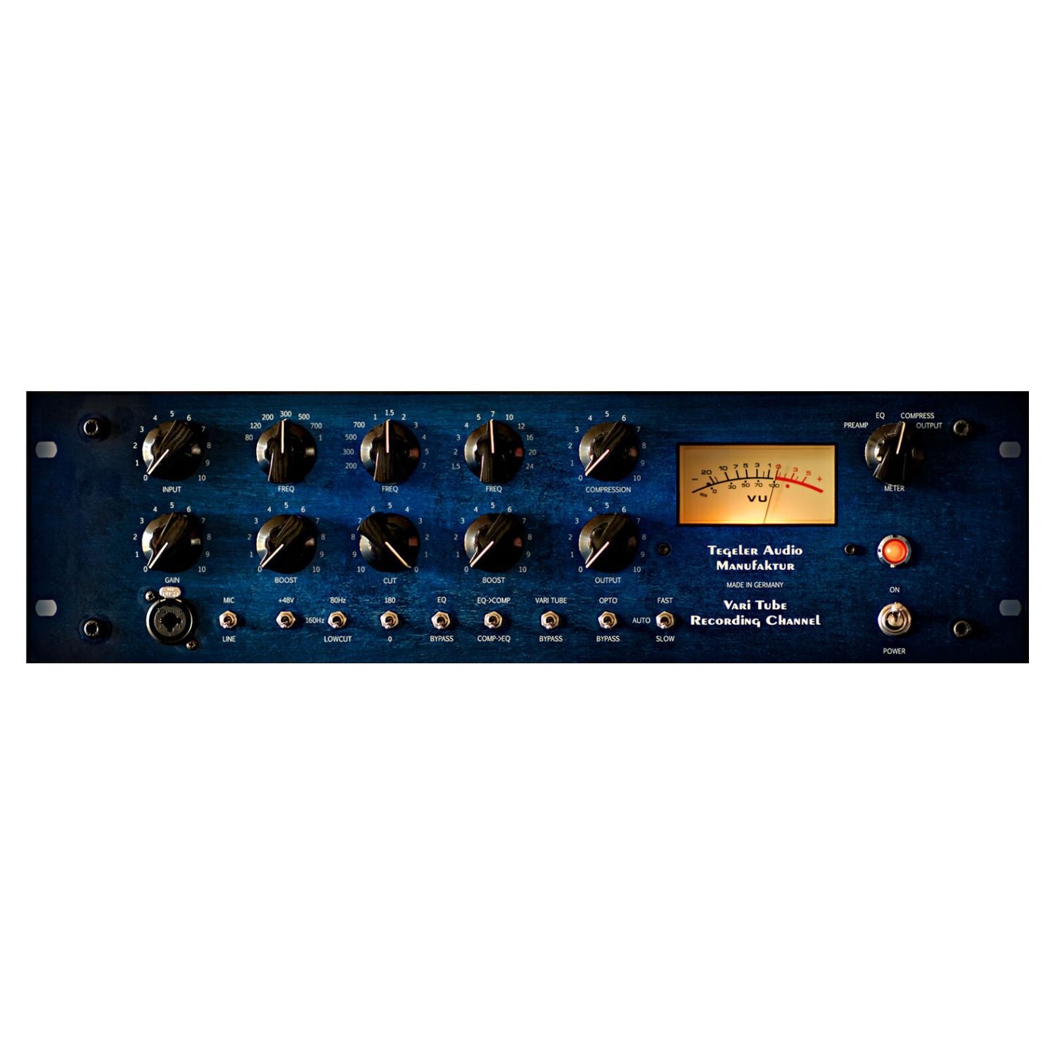Front view of Tegeler Vari Tube Recording Channel Channel Strip on white background