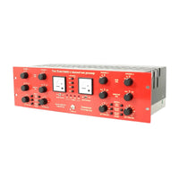 Angled shot of front panel of red rackmount effect with white background