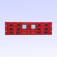 Front panel of red rackmount effect with light purple background