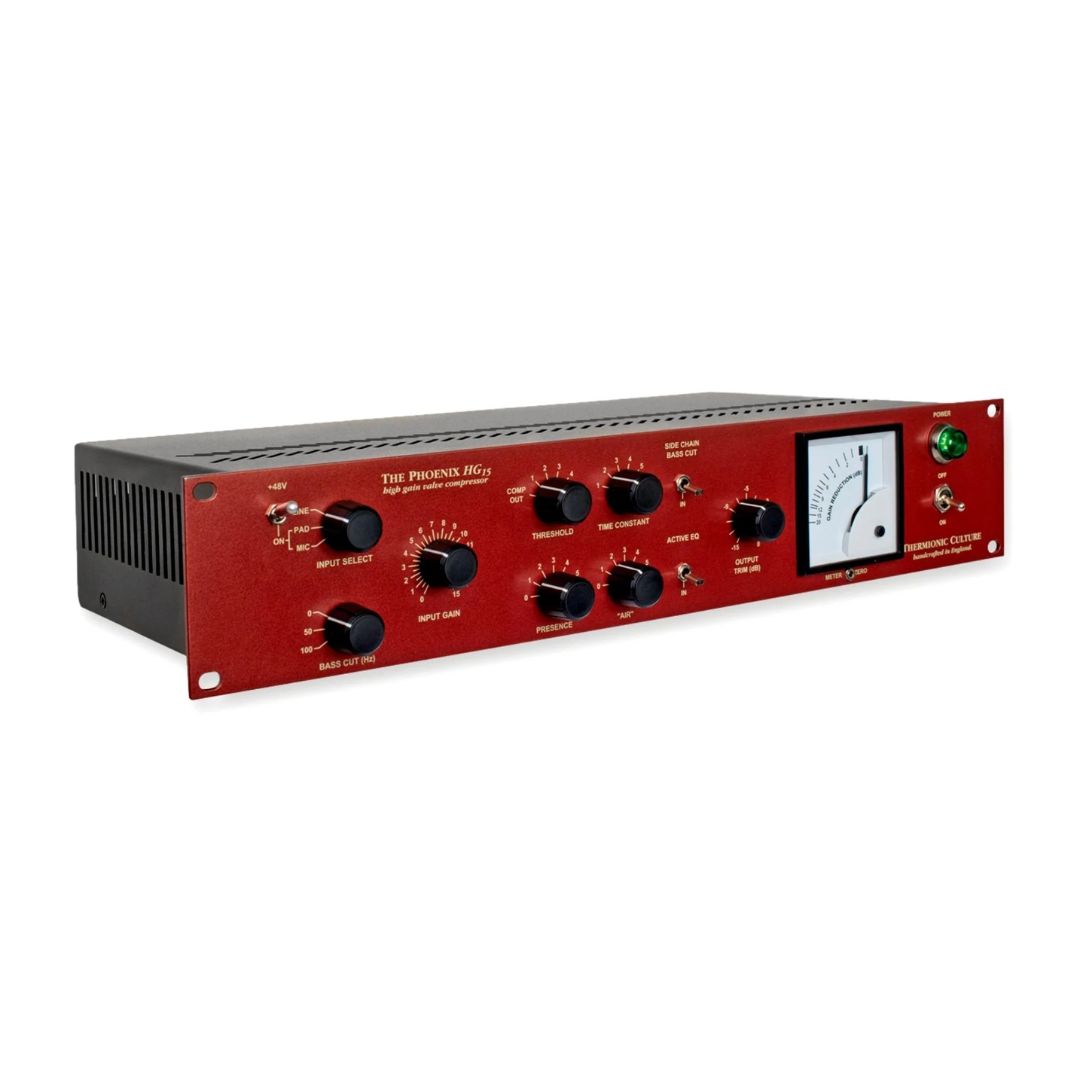 Angled view of front panel of Thermionic Culture Phoenix HG15 on white background