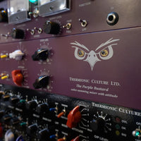 Close up of purple rackmount effects on top of black rackmount effects