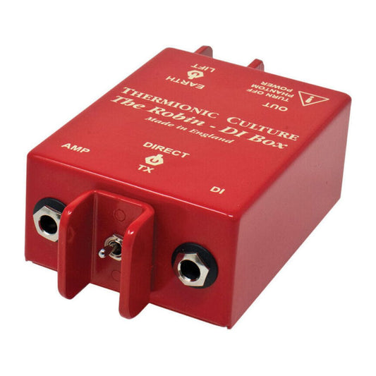 Red DI box on its side exposing its ports on white background