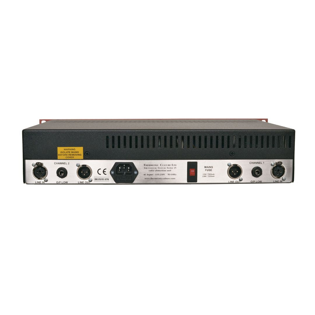 Rear panel of rackmount effect exposing its ports and ventilation on white background