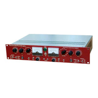 Side angled view of front panel of a red rackmount effect on white background