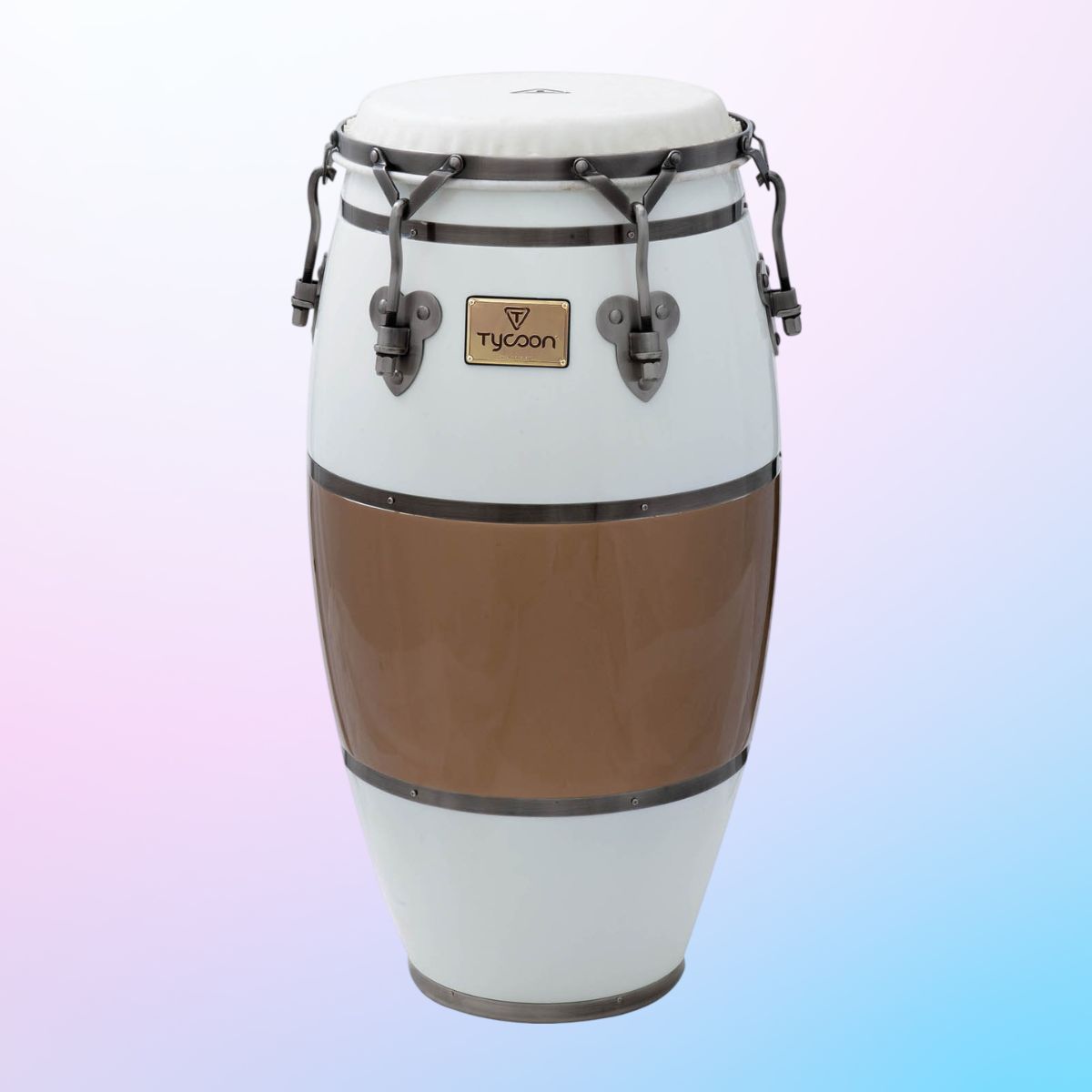 Front view of Tycoon 12 1/2″ Signature Heritage Cafe Con Leche Series Conga on pink and blue gradient background