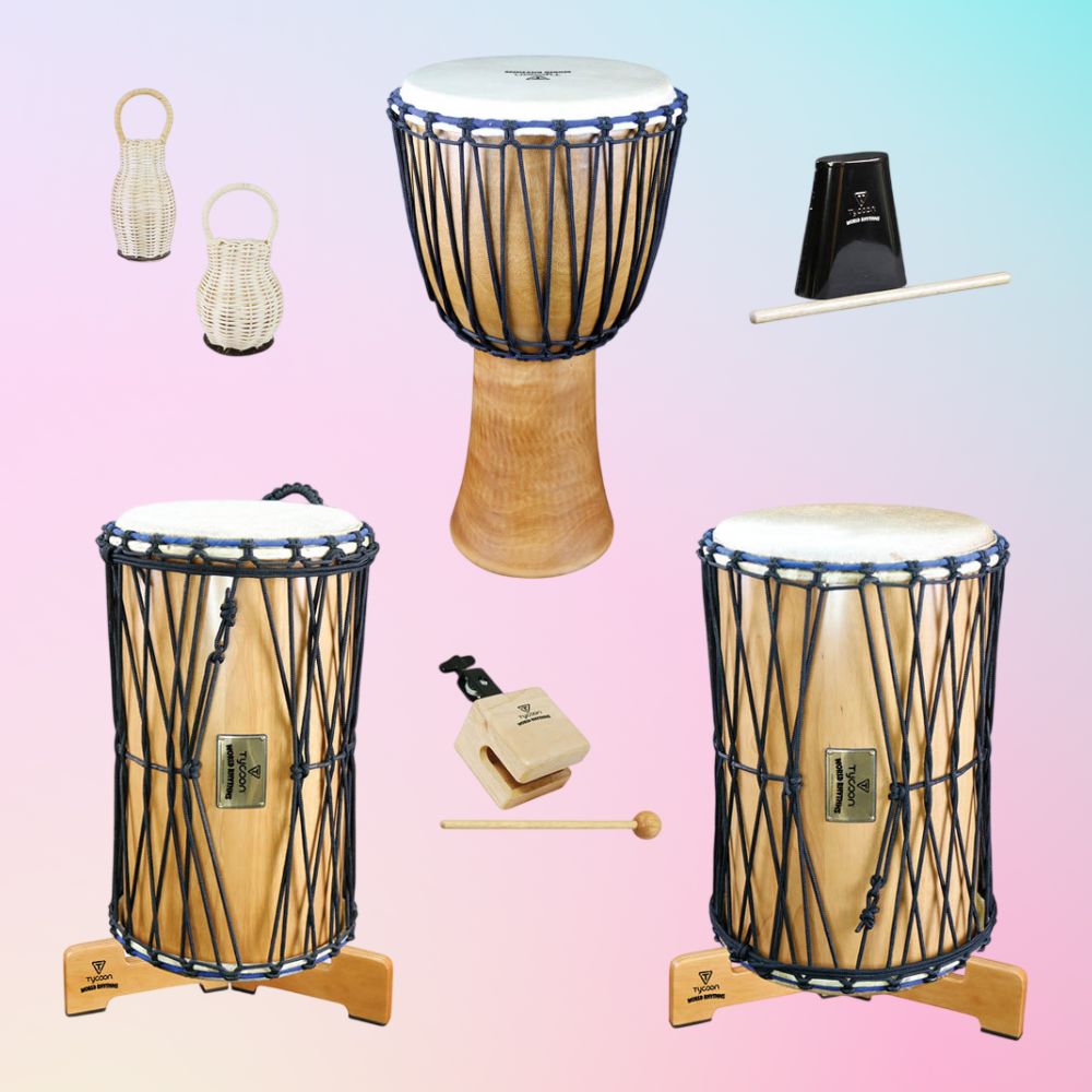 Inclusions of Tycoon World Rhythms Collection West African Set on pink background