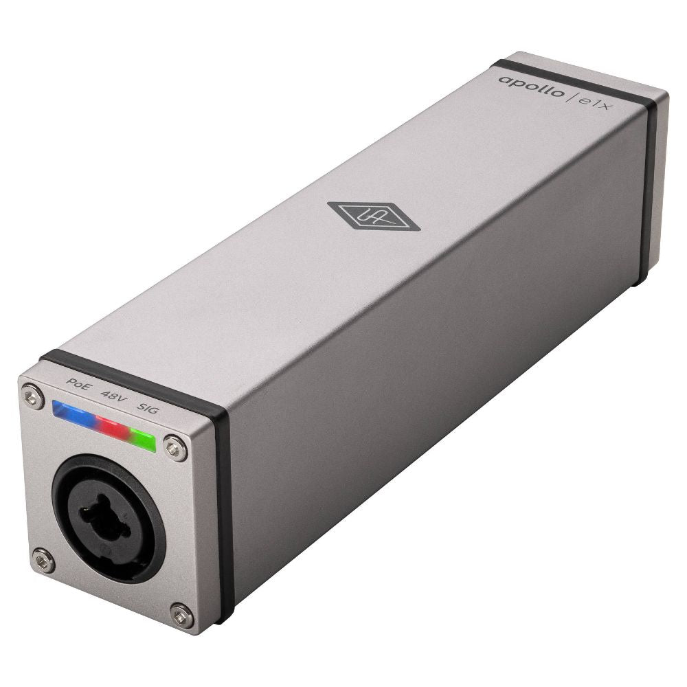 Angled view of Universal Audio Apollo e1x Remote-Controllable Unison Preamp on white background