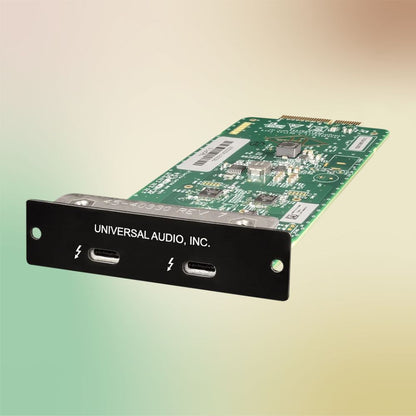 Angled view of Universal Audio Thunderbolt 3 Option Card on multicolored background