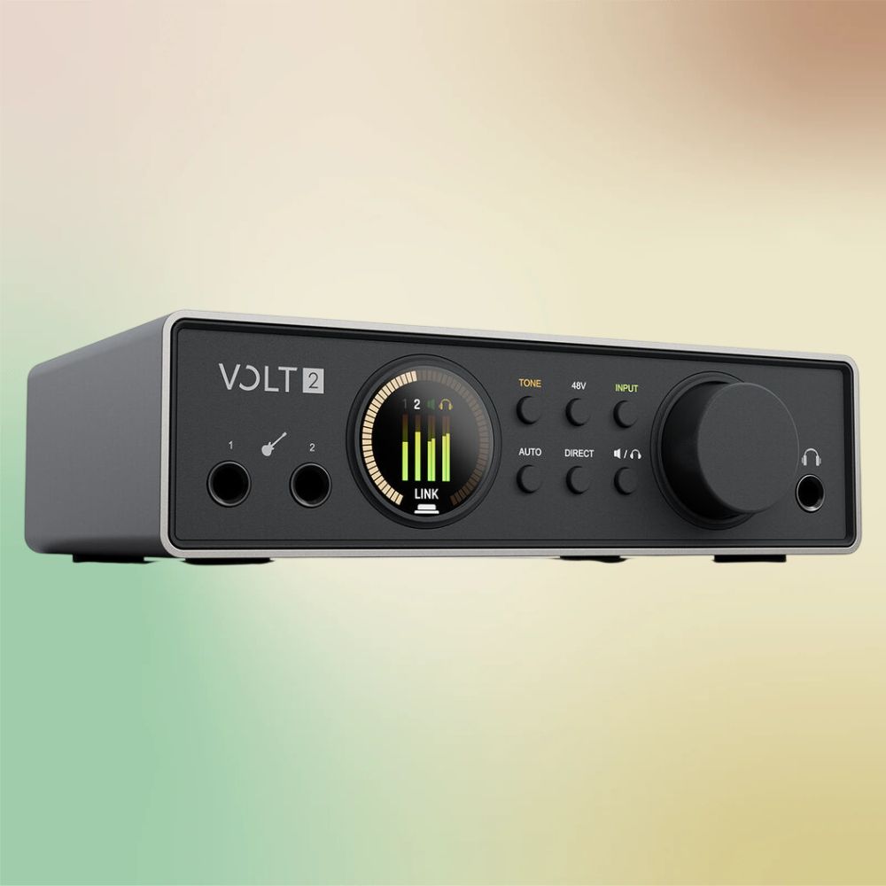 Angled view of Universal Audio Volt 2 Gen 2 USB Audio Interface on green and orange gradient background