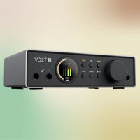 Angled view of Universal Audio Volt 2 Gen 2 USB Audio Interface on green and orange gradient background