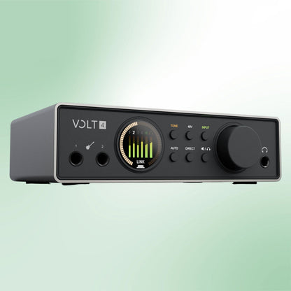 Angled view of Universal Audio Volt 4 Gen 2 USB Audio Interface on green background