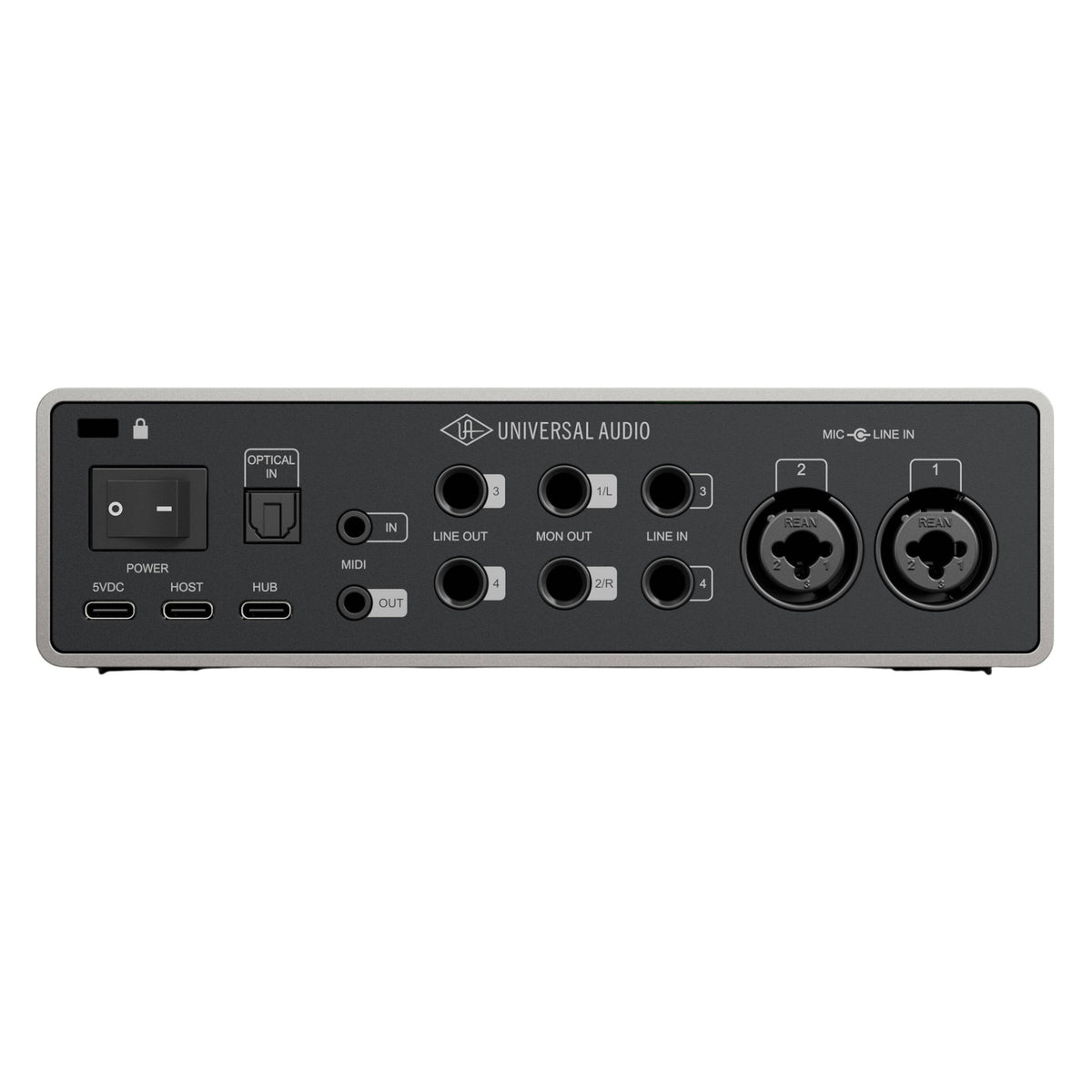 Rear ports view of Universal Audio Volt 4 Gen 2 USB Audio Interface on white background