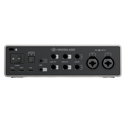Rear ports view of Universal Audio Volt 4 Gen 2 USB Audio Interface on white background