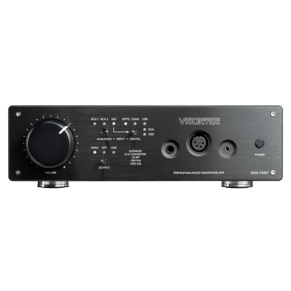Front view of Violectric DHA V380² Headphone Amplifier on white background