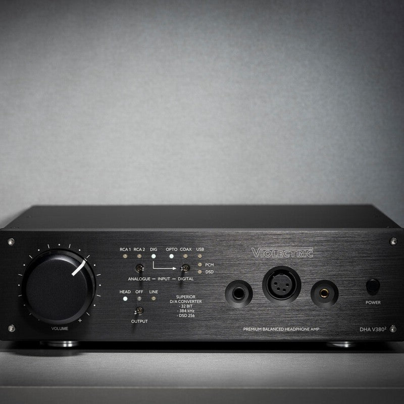 Front view of Violectric DHA V380² Headphone Amplifier on grey surface
