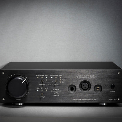 Front view of Violectric DHA V380² Headphone Amplifier on grey surface