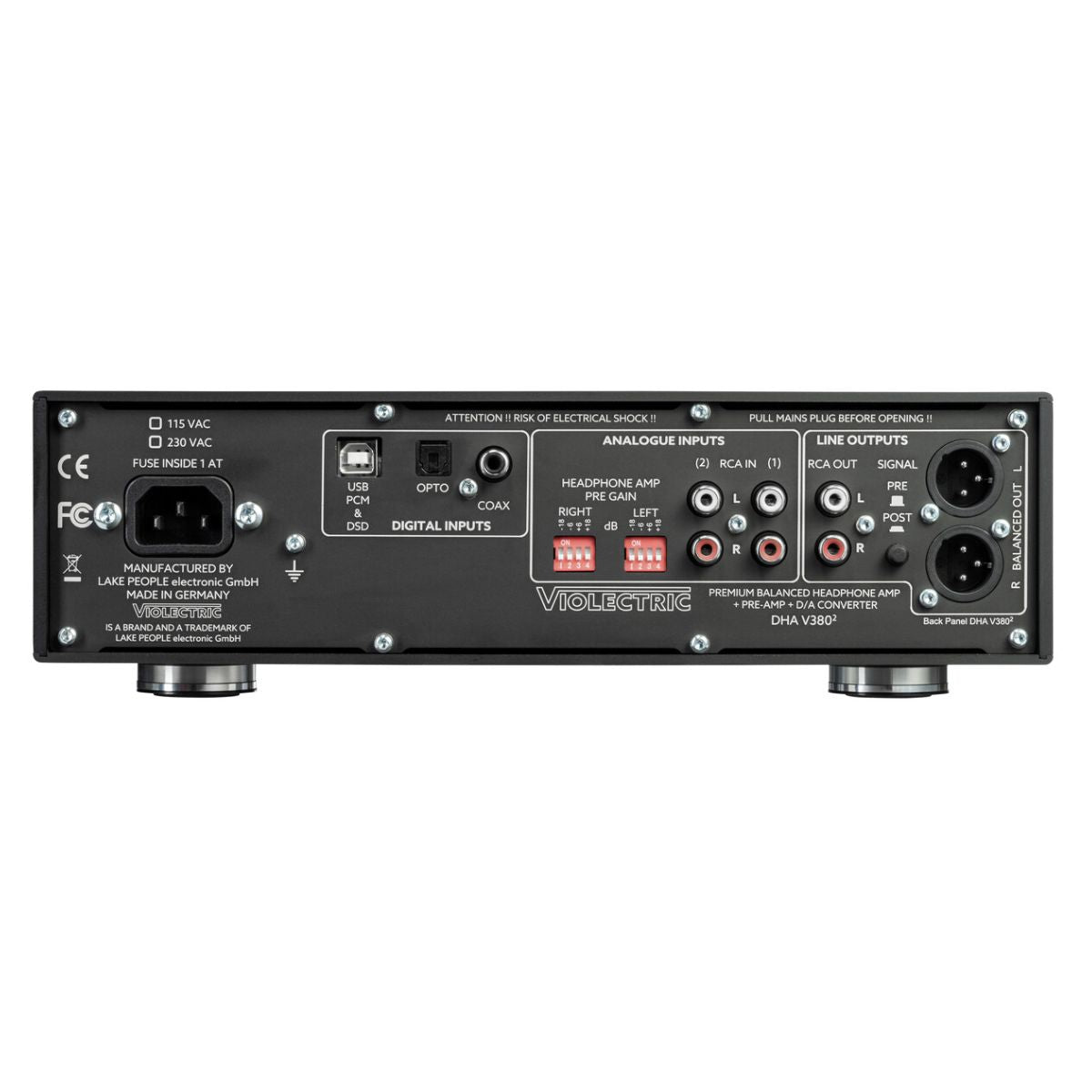 Rear ports view of Violectric DHA V380² Headphone Amplifier on white background