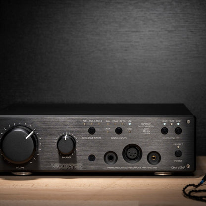 Close up front view of Violectric DHA V590² Headphone Amplifier on wooden surface with grey background