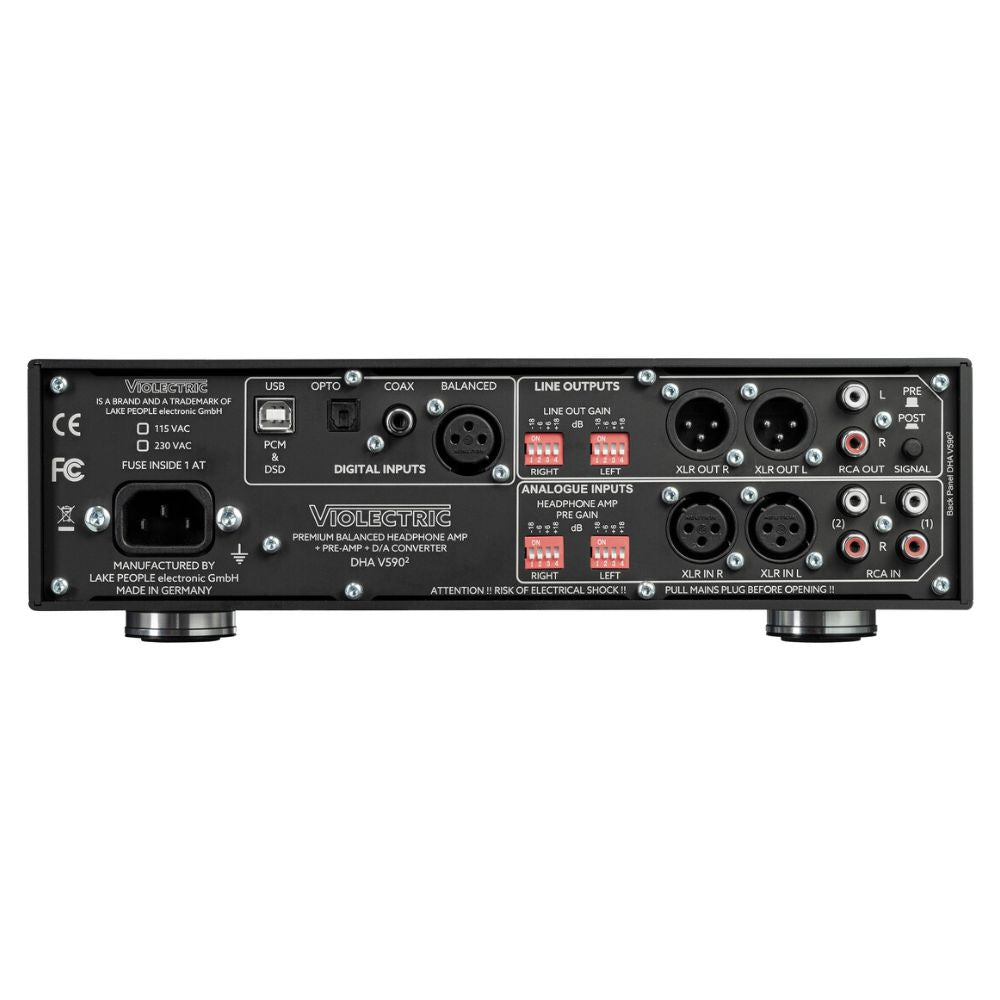Rear ports view of Violectric DHA V590² Headphone Amplifier on white background